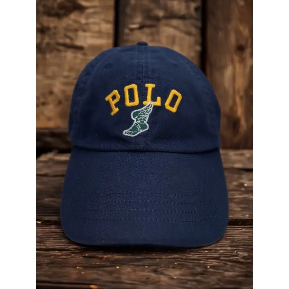 Polo Ralph Lauren P-Wing Foot Navy Adjustable Hat Leather Strap EUC Rare